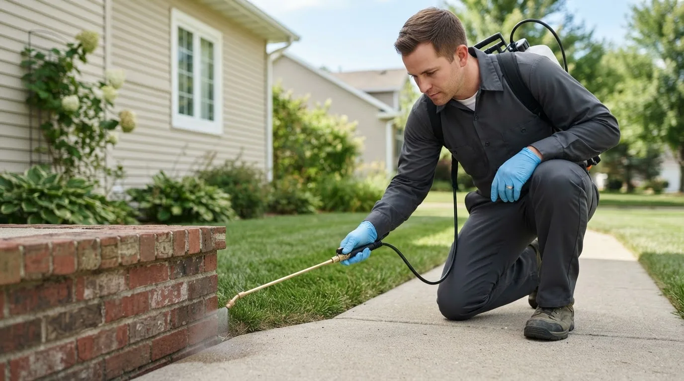 Pest control technician treating a home near Big Lake, AK